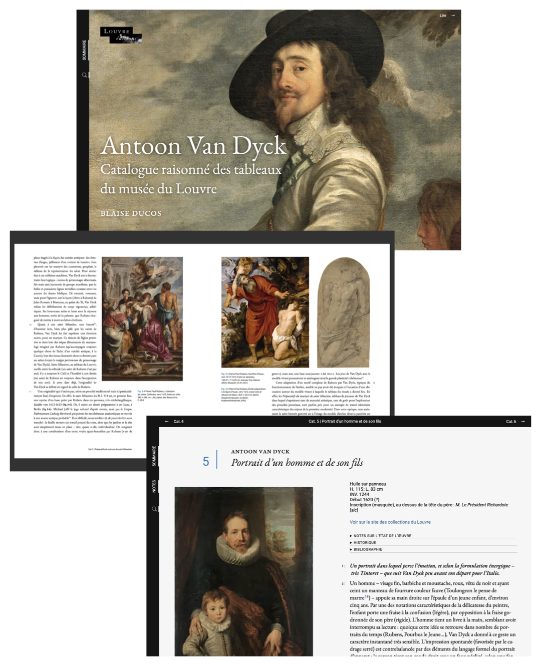 Blaise Ducos. Antoon Van Dyck. Catalogue raisonné des tableaux du musée du Louvre. Paris : musée du Louvre éditions. 2023. livres.louvre.fr/vandyck/. Captures d'écran des versions HTML (en haut et en bas) et PDF (au milieu)